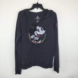 Disney Parks Sweatshirt Women Large Grey Mickey Mouse Hoodie Pockets Drawstring